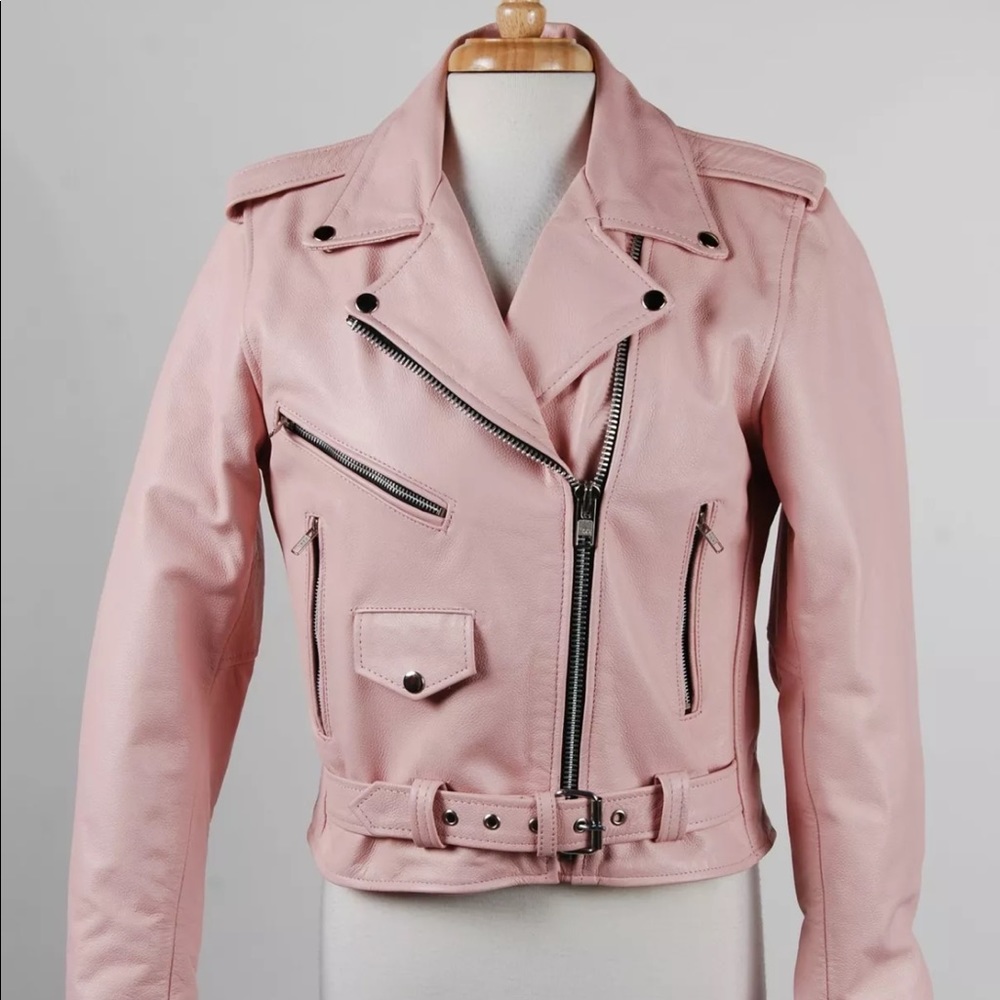 Allstate pink pebbled leather motorcycle jacket